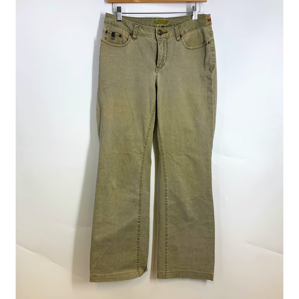 Worn Women Olive Green Straight Leg‎ Jeans Khaki Wash Embroidered Back Pockets